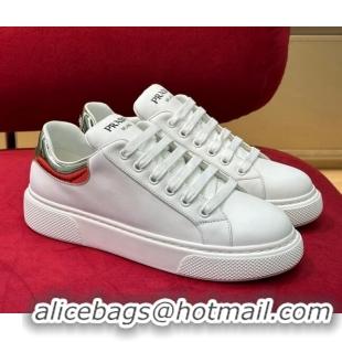 Pretty Style Prada White Soft Leather Sneakers with Gold and Red Heel Tab 022491