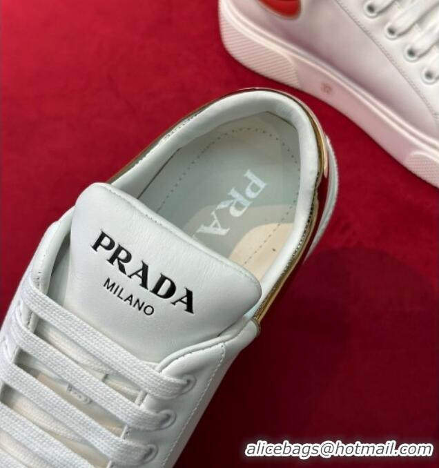 Pretty Style Prada White Soft Leather Sneakers with Gold and Red Heel Tab 022491