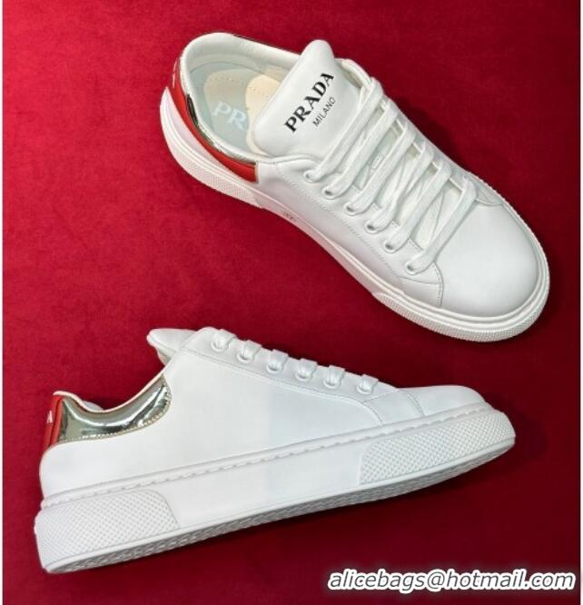 Pretty Style Prada White Soft Leather Sneakers with Gold and Red Heel Tab 022491