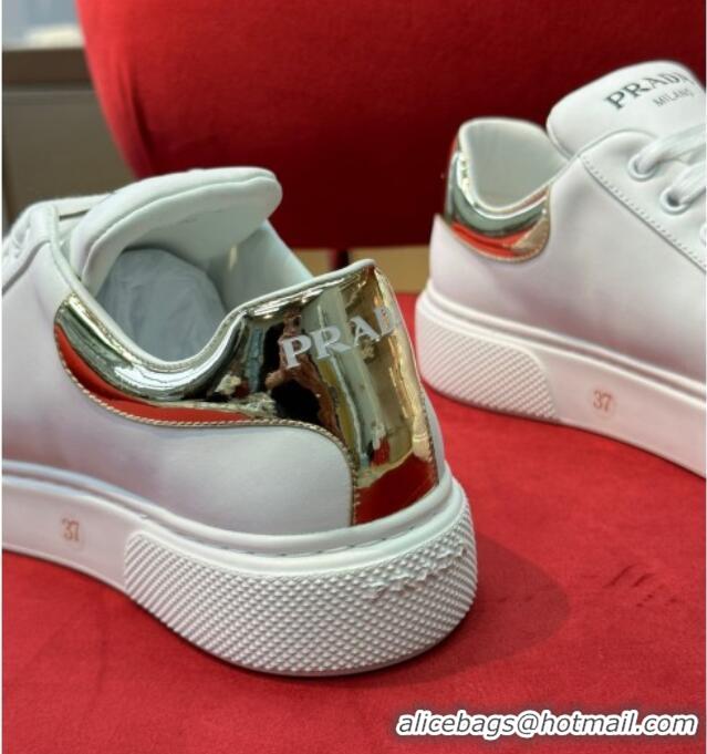 Pretty Style Prada White Soft Leather Sneakers with Gold and Red Heel Tab 022491