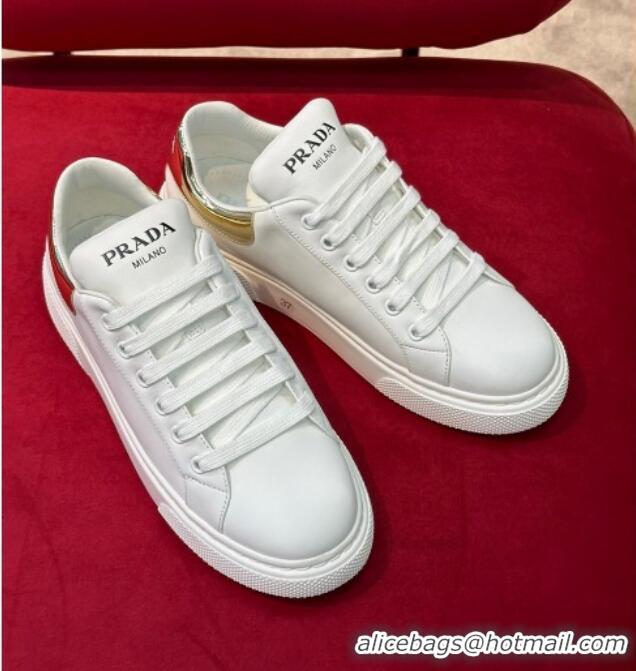 Pretty Style Prada White Soft Leather Sneakers with Gold and Red Heel Tab 022491