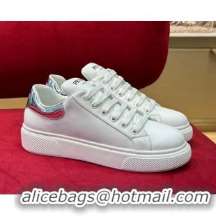 Good Looking Prada White Soft Leather Sneakers with Red/Silver Heel Tab 022492