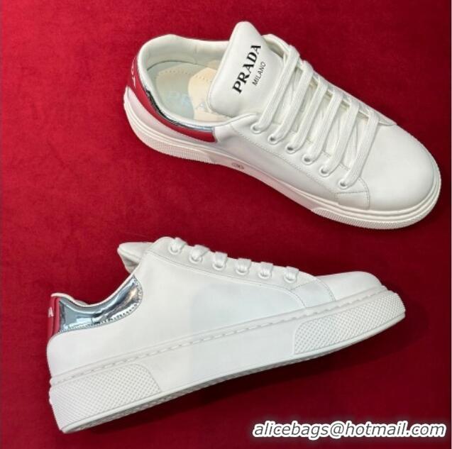 Good Looking Prada White Soft Leather Sneakers with Red/Silver Heel Tab 022492