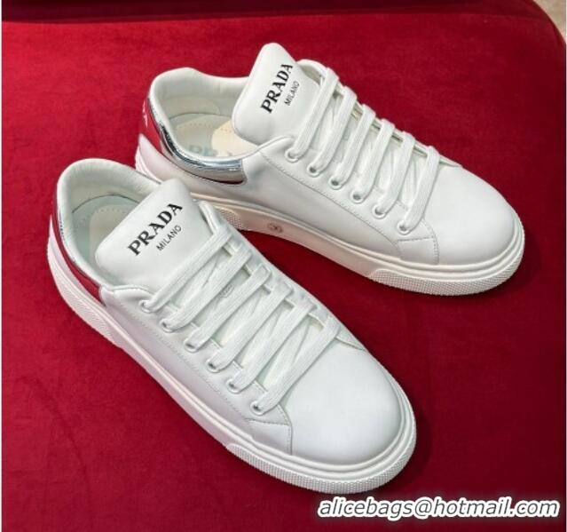 Good Looking Prada White Soft Leather Sneakers with Red/Silver Heel Tab 022492