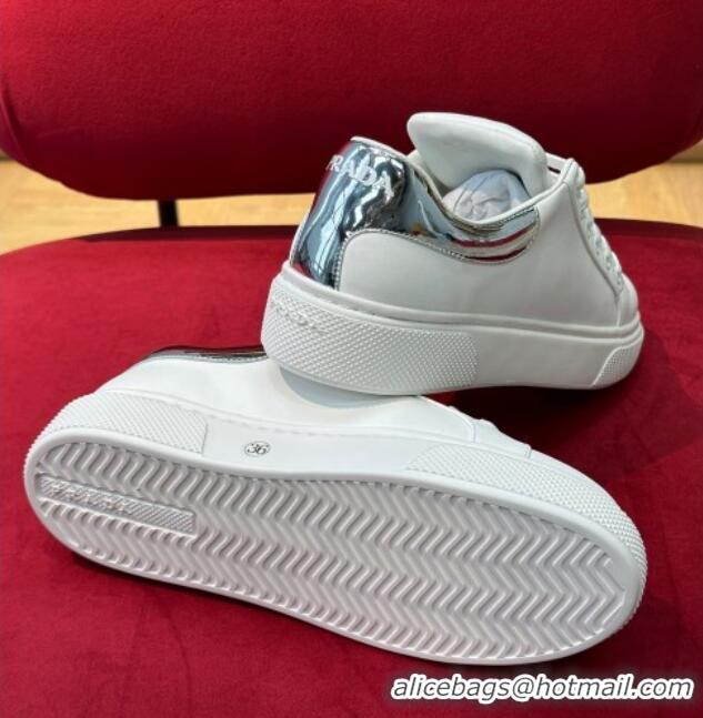 Good Looking Prada White Soft Leather Sneakers with Red/Silver Heel Tab 022492