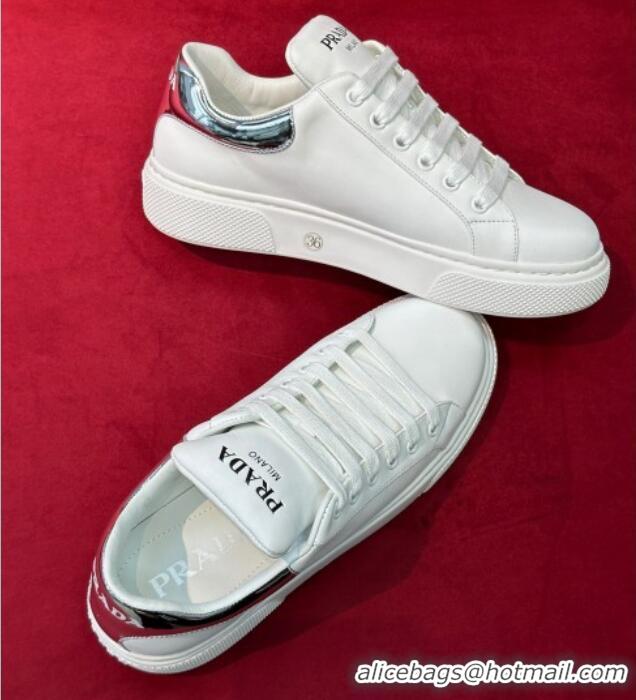 Good Looking Prada White Soft Leather Sneakers with Red/Silver Heel Tab 022492