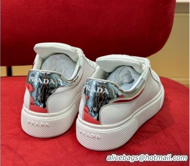 Good Looking Prada White Soft Leather Sneakers with Red/Silver Heel Tab 022492