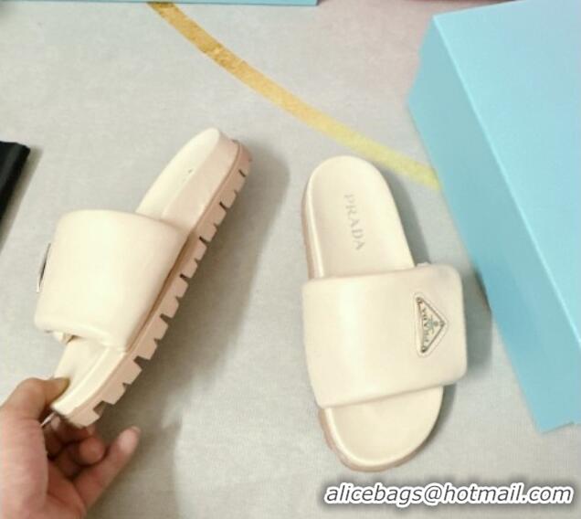 Popular Style Prada Soft Padded Nappa Leather Flat Slide Sandals Cream White 022495