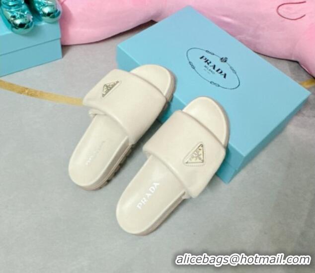 Popular Style Prada Soft Padded Nappa Leather Flat Slide Sandals Cream White 022495