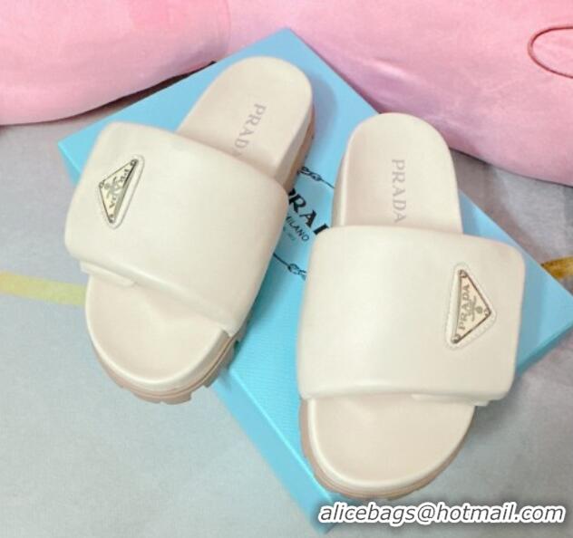 Popular Style Prada Soft Padded Nappa Leather Flat Slide Sandals Cream White 022495