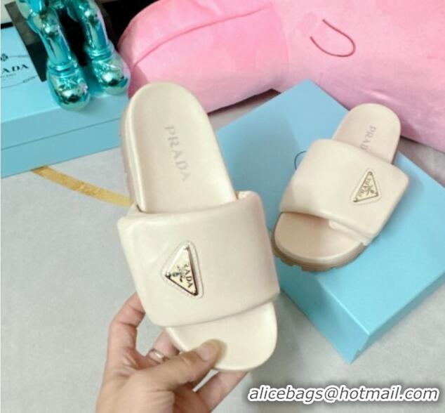 Popular Style Prada Soft Padded Nappa Leather Flat Slide Sandals Cream White 022495