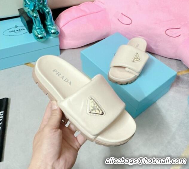 Popular Style Prada Soft Padded Nappa Leather Flat Slide Sandals Cream White 022495