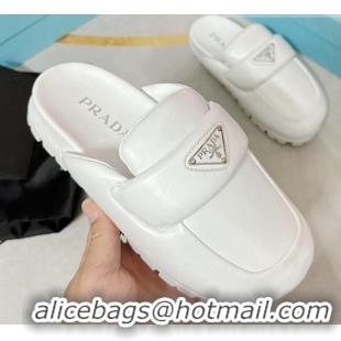 Best Product Prada Soft Padded Nappa Leather Flat Sabots Mules Optic White 224100