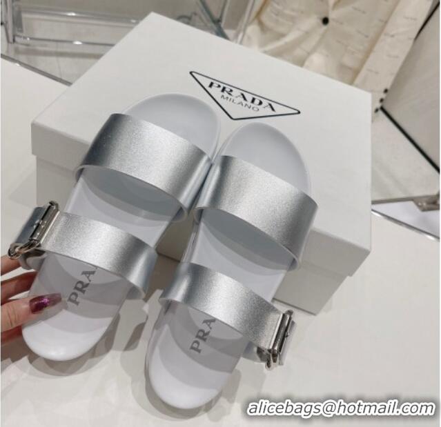 Discount Prada Rubber Flat Slide Sandals with Buckle Silver/White 030385