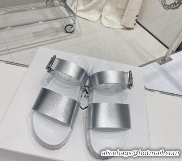 Discount Prada Rubber Flat Slide Sandals with Buckle Silver/White 030385