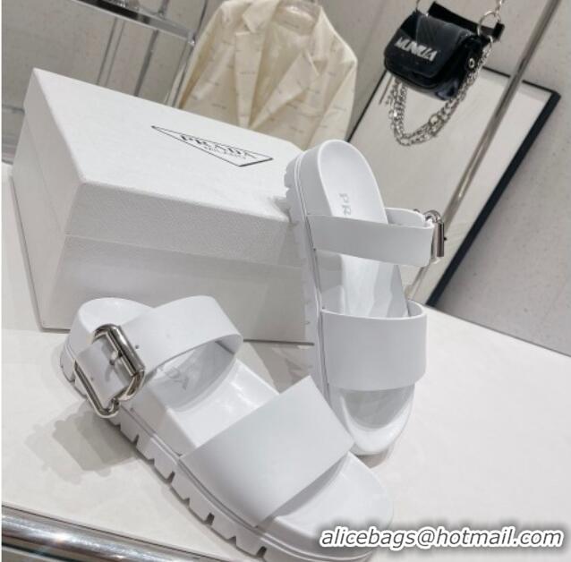 Most Popular Prada Rubber Flat Slide Sandals with Buckle White 30386