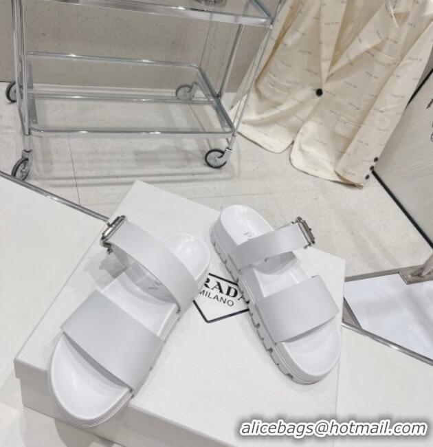 Most Popular Prada Rubber Flat Slide Sandals with Buckle White 30386