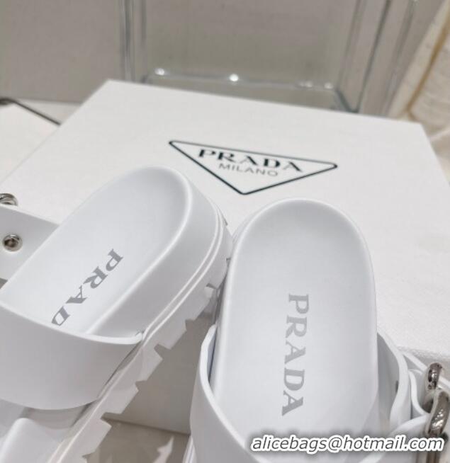 Most Popular Prada Rubber Flat Slide Sandals with Buckle White 30386