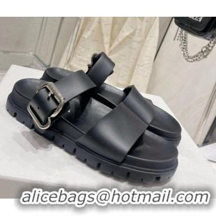 Charming Prada Rubber Flat Slide Sandals with Buckle Black 030387