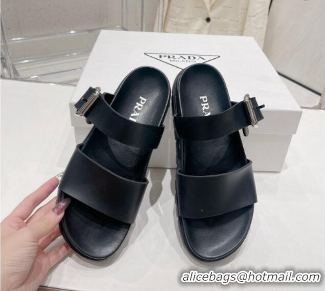 Charming Prada Rubber Flat Slide Sandals with Buckle Black 030387