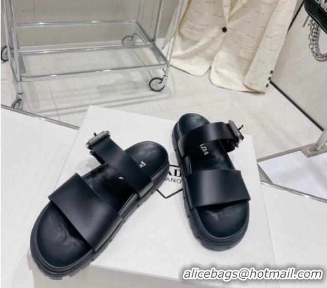 Charming Prada Rubber Flat Slide Sandals with Buckle Black 030387