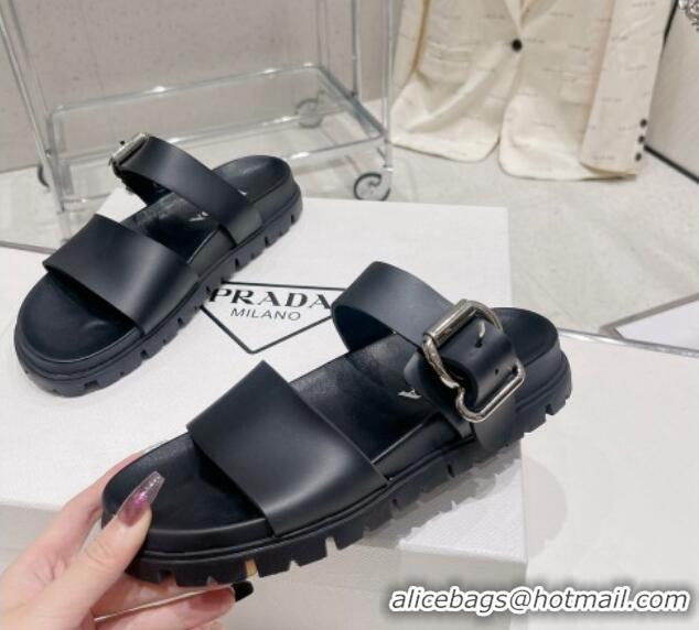 Charming Prada Rubber Flat Slide Sandals with Buckle Black 030387