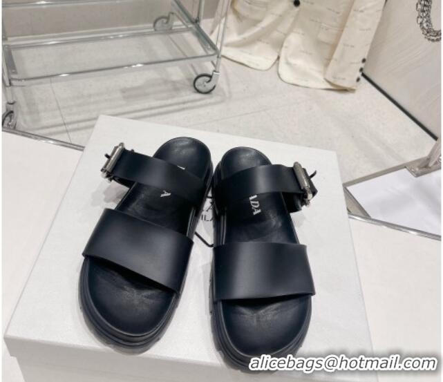 Charming Prada Rubber Flat Slide Sandals with Buckle Black 030387