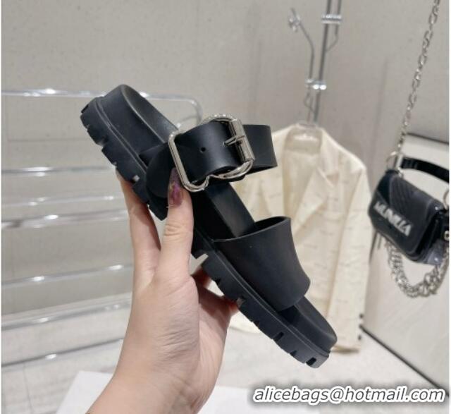 Charming Prada Rubber Flat Slide Sandals with Buckle Black 030387