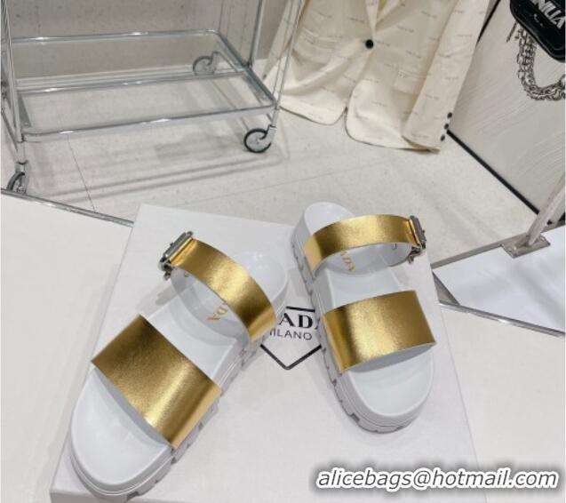 Classic Hot Prada Rubber Flat Slide Sandals with Buckle White/Gold 30388