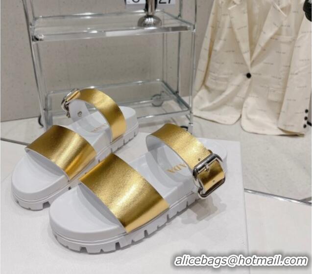 Classic Hot Prada Rubber Flat Slide Sandals with Buckle White/Gold 30388