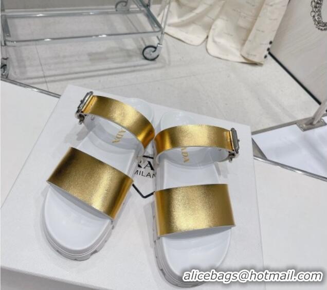 Classic Hot Prada Rubber Flat Slide Sandals with Buckle White/Gold 30388