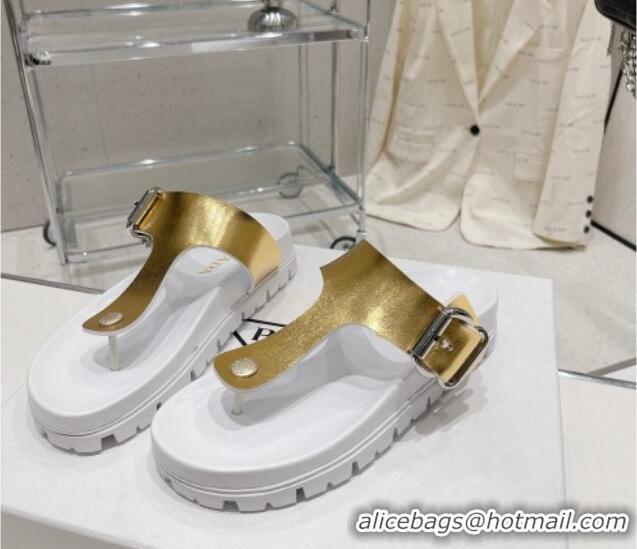 Sophisticated Prada Rubber Flat Thong Sandals with Buckle White/Gold 30389