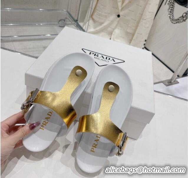 Sophisticated Prada Rubber Flat Thong Sandals with Buckle White/Gold 30389