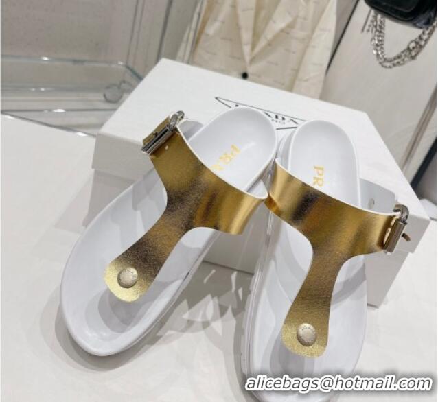 Sophisticated Prada Rubber Flat Thong Sandals with Buckle White/Gold 30389