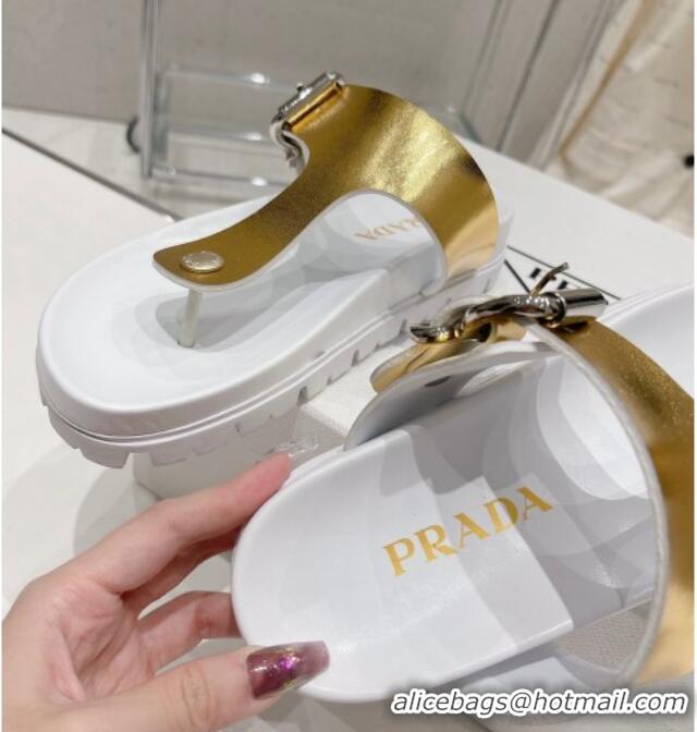 Sophisticated Prada Rubber Flat Thong Sandals with Buckle White/Gold 30389