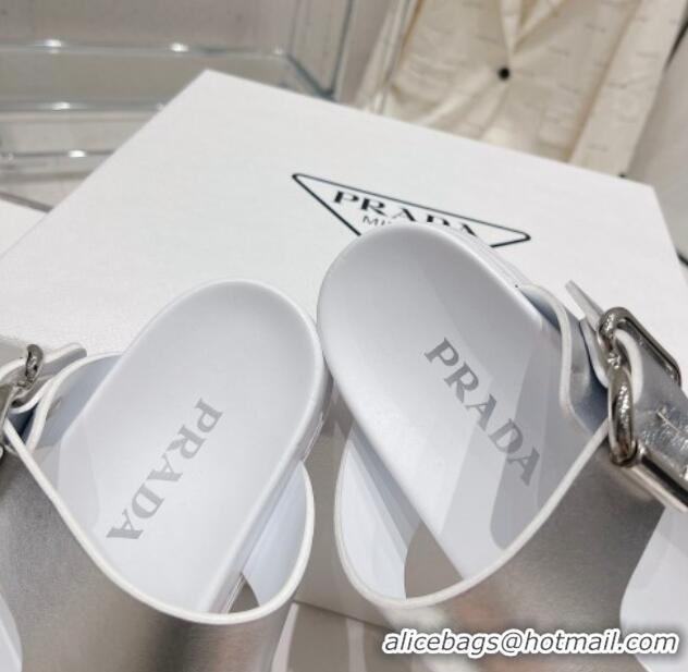 Purchase Prada Rubber Flat Thong Sandals with Buckle White/Silver 030390