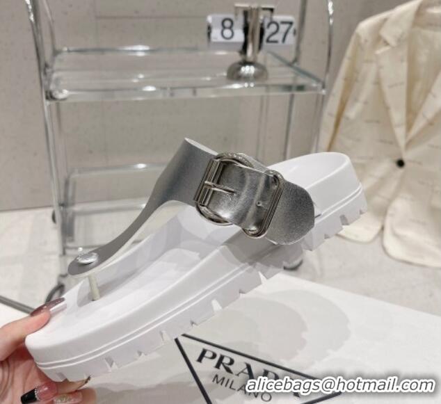 Purchase Prada Rubber Flat Thong Sandals with Buckle White/Silver 030390