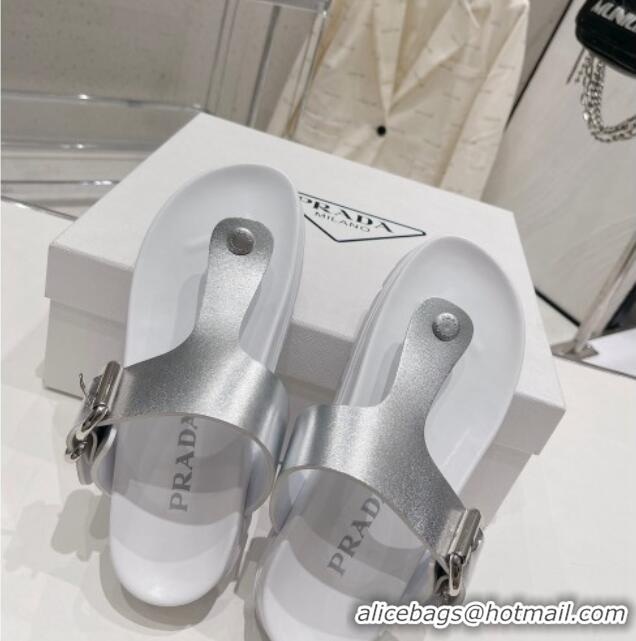 Purchase Prada Rubber Flat Thong Sandals with Buckle White/Silver 030390