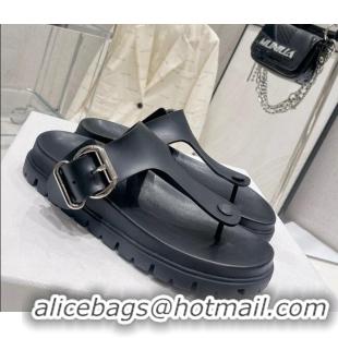 Best Price Prada Rubber Flat Thong Sandals with Buckle Black 030391