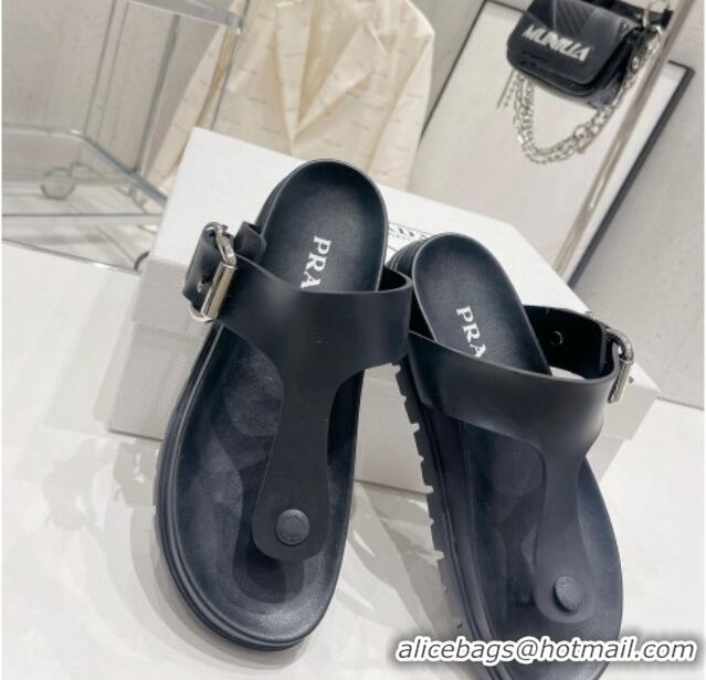 Best Price Prada Rubber Flat Thong Sandals with Buckle Black 030391