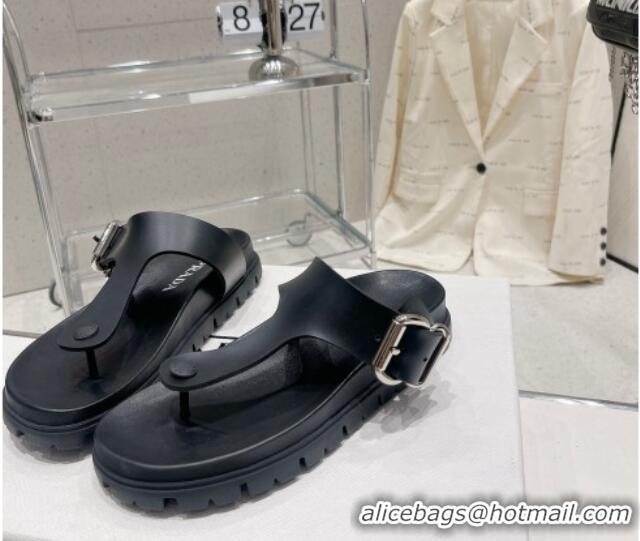 Best Price Prada Rubber Flat Thong Sandals with Buckle Black 030391