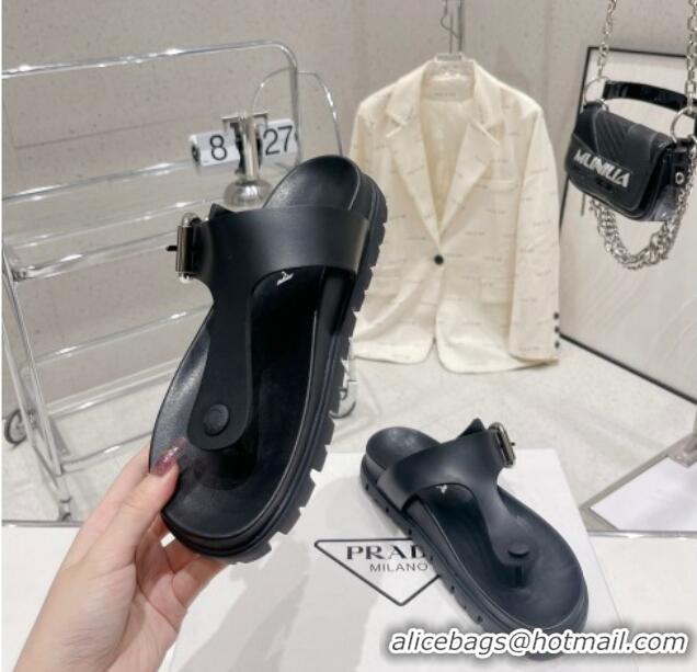 Best Price Prada Rubber Flat Thong Sandals with Buckle Black 030391