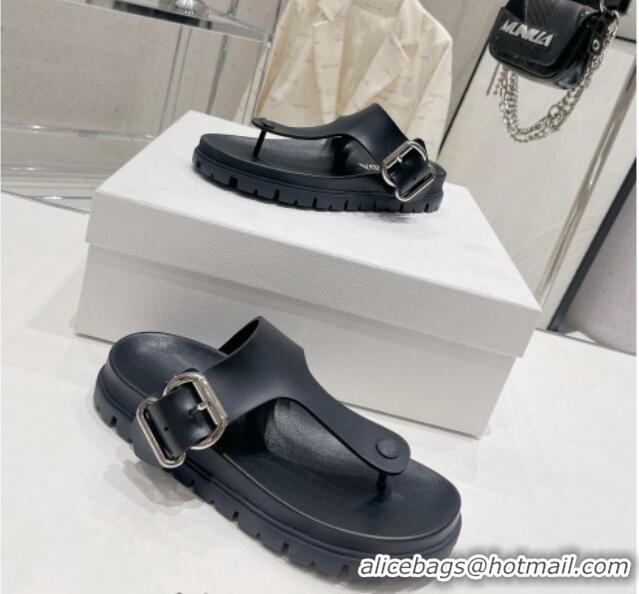 Best Price Prada Rubber Flat Thong Sandals with Buckle Black 030391