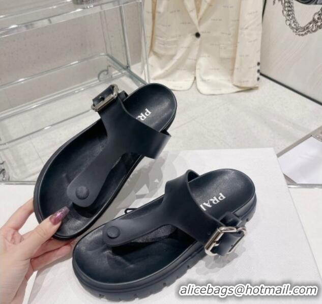 Best Price Prada Rubber Flat Thong Sandals with Buckle Black 030391