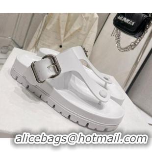 Classic Hot Prada Rubber Flat Thong Sandals with Buckle White 030392