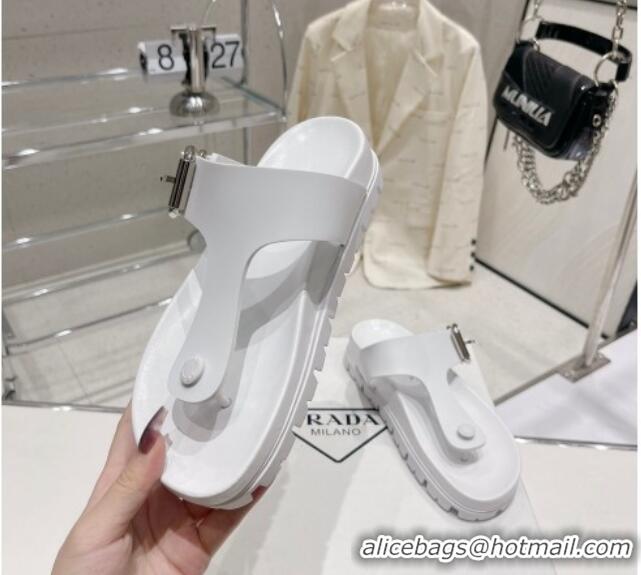 Classic Hot Prada Rubber Flat Thong Sandals with Buckle White 030392