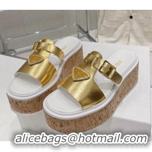 Grade Quality Prada Rubber Platform Slide Sandals with Buckle Gold 030393