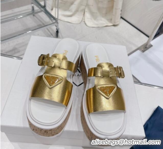 Grade Quality Prada Rubber Platform Slide Sandals with Buckle Gold 030393