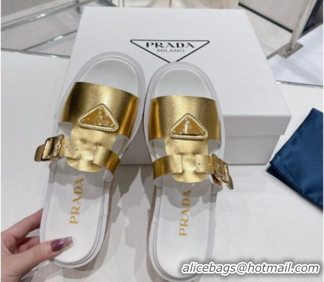 Grade Quality Prada Rubber Platform Slide Sandals with Buckle Gold 030393