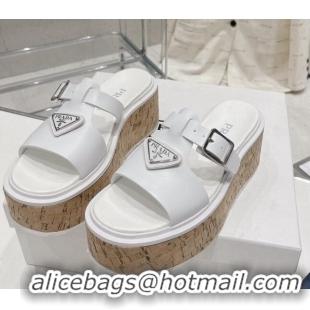 Best Grade Prada Rubber Platform Slide Sandals with Buckle White 030394